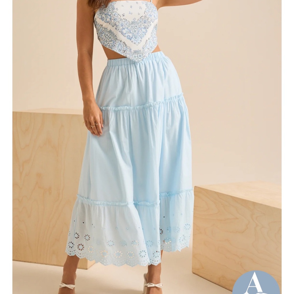 Altar'd State Blue Midi A-Line Tiered Skirt